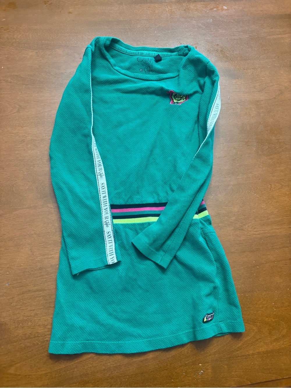 Girls' Teal Long-Sleeve Casual Dress with Striped Waist